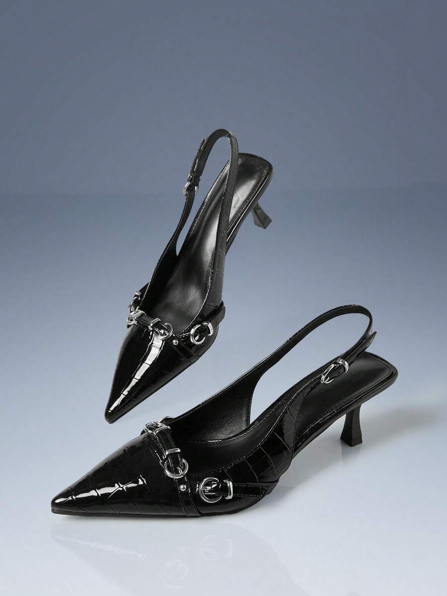 CUCCOO GRLICON Sepatu hak tinggi wanita model lancip, bertali banyak, motif hewan, gaya motor, cocok untuk musim semi/panas, liburan, perjalanan, mode tahun 2000-an. - Hitam - View 1