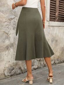 SHEIN LUNE Fustă casual pentru femei, 100% bumbac, culoare solidă, casual pentru femei, vacanțe de vară, verde militar, fustă casuală - Verde - Vizualizare 2