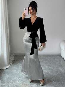 SHEIN Raffinéa Elegantes Damen Samt Top&Rock Set, Schwarz und Silber Farbblock V-Ausschnitt Tailliertes Mode Outfit, geeignet für Abendparty, Essen, formell, Herbsturlaub - Silber - Übersicht 5
