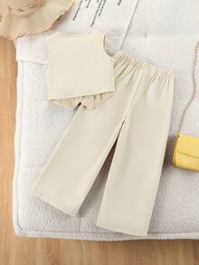 SHEIN Vintaside Kids Set de 2 piezas de camiseta sin mangas beige con lazo decorativo con botones delanteros y pantalones de pierna ancha, conjunto informal adecuado para uso diario, eventos, ocasiones formales, vuelta al colegio - Albaricoque - Ver 3