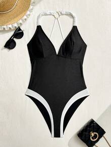 Shapewave-D Women's One-Piece Swimsuit, Black Glossy Fabric, Black & White Color Block Design, Ruched Details, Adjustable Criss-Cross Back Straps, Flattering Silhouette, Sexy & Fashionable - Multicolor - View 4