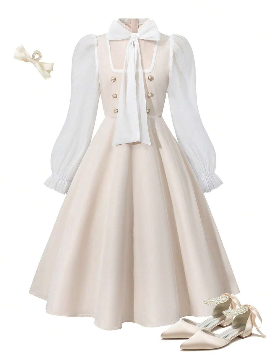 Sparklyn 少女蝴蝶结装饰撞色优雅长袖网纱拼接连衣裙 - 杏色 - 查看 1