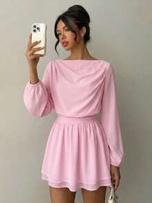 Aloruh New Romantic Date Chiffon Stand Collar Long Sleeve Ruched Mini Dress, Light Pink, Spring/Summer - Baby Pink - View 8