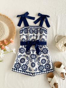 SHEIN Young Girl Woven Contrast Ditsy Floral Camisole Romper - Blue - View 10