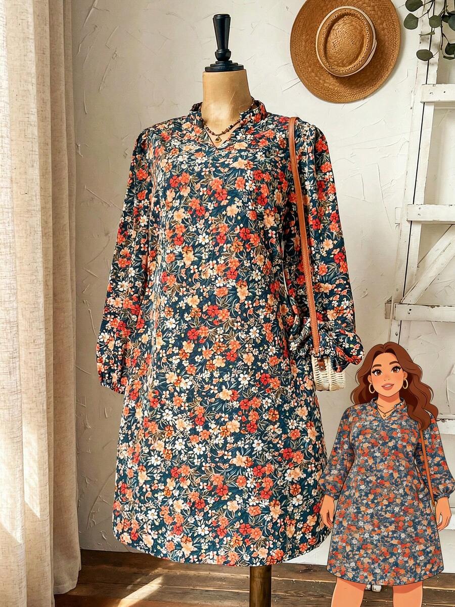 EMERY ROSE Plus Size Women's Summer Casual Vacation Country Style Notched Neck Floral Print Casual Long Sleeve Dress, Flower Dress Woman,Early Spring,Spring Break Outfits ,Vacation Outfits Women ,Holiday Outfits For Women,Spring Dress Women,Going Out Outfits,2026 New Clothes,Simple And Fashionable For Everyday Wear, Ditsy Floral Dress, Summer Long Sleeve Dress, French Style Dress,Sun Dresses For Women,Sundress,Flowy Dress,Holiday Outfits Boho - Multicolor - View 1