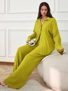 EURMUSE Camisa unicolor con botón delantero con pantalones - Verde - Ver 4