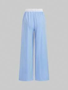 Sweetra 女士蓝色条纹休闲百搭通勤吊带背心和阔腿裤两件套，春夏款 - 藍白色 - 查看 7