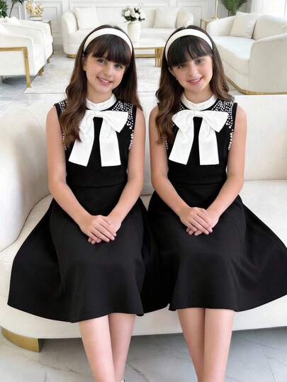 SHEIN Tween Girl Elegant Color Block Black & White Bow Decor Sleeveless Dress