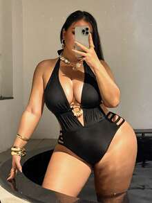 Swim SXY 大码性感连体泳衣，饰有高端金属装饰，适合度假 - 黑色 - 查看 4