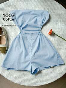 Comfortcana Mono de lino con cortes laterales, cintura fruncida y abdomen descubierto para el verano - Celeste - Ver 9