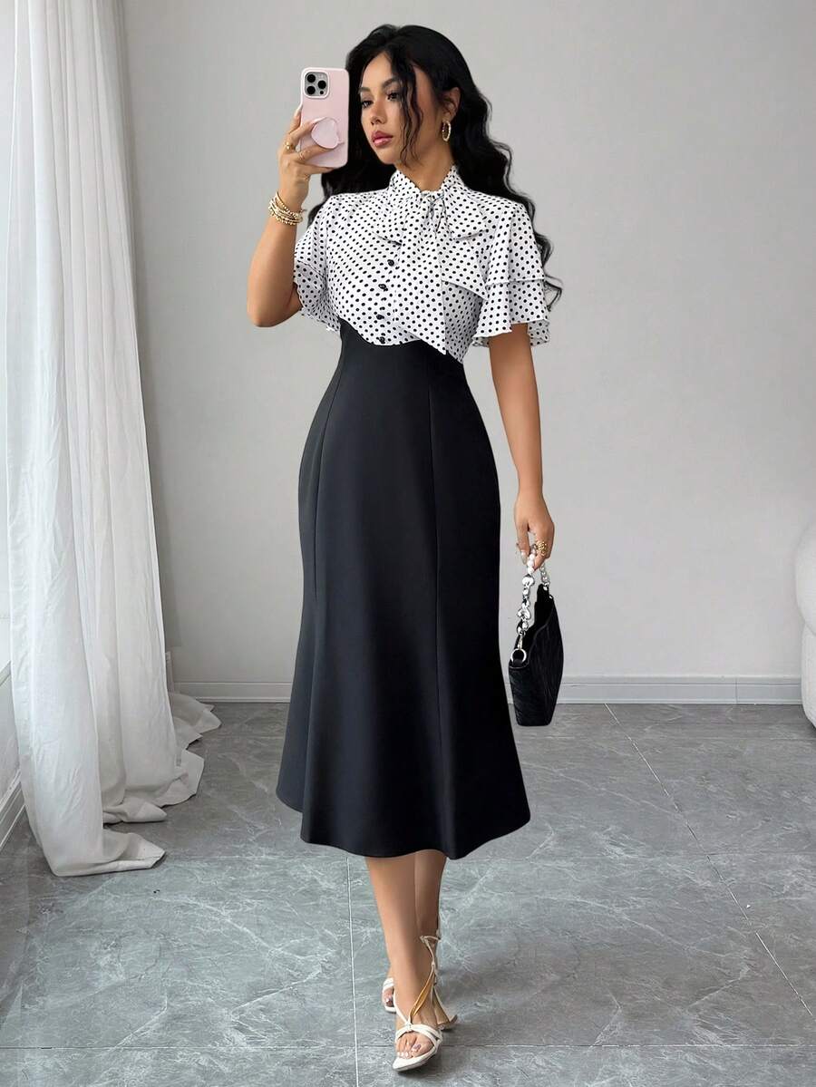 Rafferiza Women's Elegant Black & White Polka Dot Patchwork Dress With Bowknot Collar, Fitted Bodycon Mermaid Hem Dress - Black - View 1