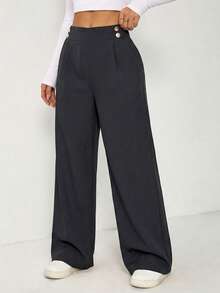 SHEIN EZwear 大码女式金属双扣直筒休闲办公裤，秋冬高腰阔腿裤女裤 - 深灰色 - 查看 5