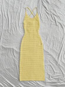 SHEIN Unity 时尚镂空性感女装连衣裙，简约时尚，适合夏季 - 黃色 - 查看 3