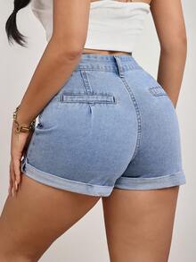 SHEIN PETITE Women's Casual Everyday Pocketed Button Denim Shorts - Blue - View 2