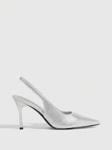 CUCCOO SZL Sexy Fashion Pointed Toe Rhinestone Embellished Stiletto High Heel Pumps, Backless Party Dress Shoes For Women Valentine's Day Spring Shoes - Silver - View 4
