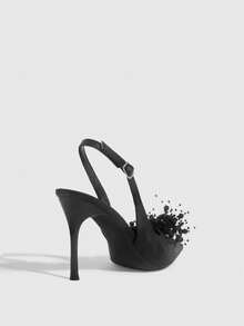 CUCCOO SZL Pantofi de damă cu toc înalt și subțire, cu mărgele rotunde negre, decorațiuni tridimensionale, la modă, sexy, pentru petreceri, banchet, club de noapte, pantofi cu toc înalt pentru femei, Slingback, pantofi pentru femei, Ziua Îndrăgostiților - Negru - Vizualizare 10