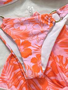 Swim Vcay 3件套女士泳衣比基尼泳装迷你连衣裙罩衫夏季棕榈热带印花四季皆宜的时尚套装，派对、约会必备，完美搭配音乐节和街头服饰，节日时尚 | 泳池和度假 | 蕾丝上衣，女士上衣，女士泳装 - 橘色 - 查看 8