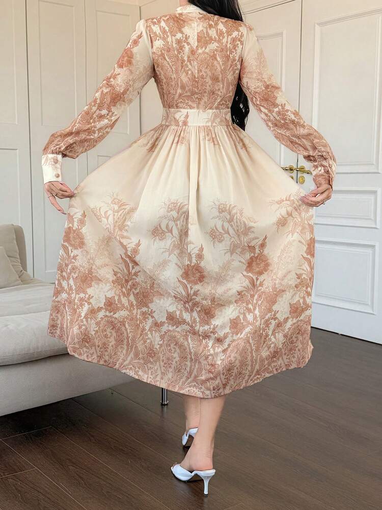 Women's Elegant Floral Print Stand Collar Midi Dress, Spring/Summer Wedding Guest Dress Sundress