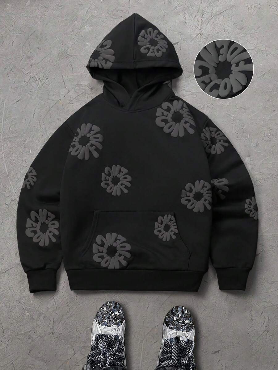 Manfinity EMRG Men's Casual Fashion Street Hoodie With Letter Embossed Kangaroo Pocket, Suitable For Daily Commute, Spring/Autumn - Black - View 1