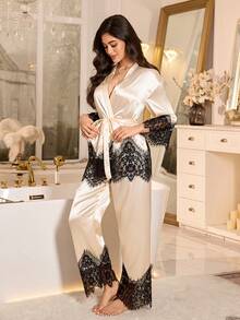 SHEIN 2pcs Women Elegant Satin Long Sleeve Pajama Set With Lace Trim, Suitable For All Seasons - Champagne - View 3