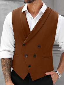 Manfinity Mode Men's Plus Size Single Breasted Suit Vest,Shades Of Brown,Autumn,Formal,Wedding Business Casual Waistcoat For Daily Commuting,Summer Vacation,Gift - Brown - View 5