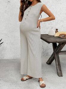 SHEIN Pregnant Women Striped Nursing Function Casual Everyday Jumpsuit - Khaki - View 6
