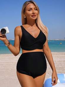 SHEIN 2026SS New Women's Maternity Tankini Set,Solid Black 2 Pieces Swimwear For Summer,Modest Beach Holiday,High Waisted Bikini Set Elegant Bathing Suits - Multicolor - View 4