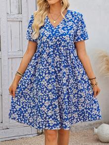 EMERY ROSE Đầm ngắn cổ chữ V in hoa dành cho nữ, thích hợp cho kỳ nghỉ hè. - Xanh và trắng - Xem 3