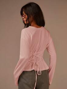 Athîral Women's Solid Color Minimalist Waist Cinching Long Sleeve T-Shirt - Baby Pink - View 1