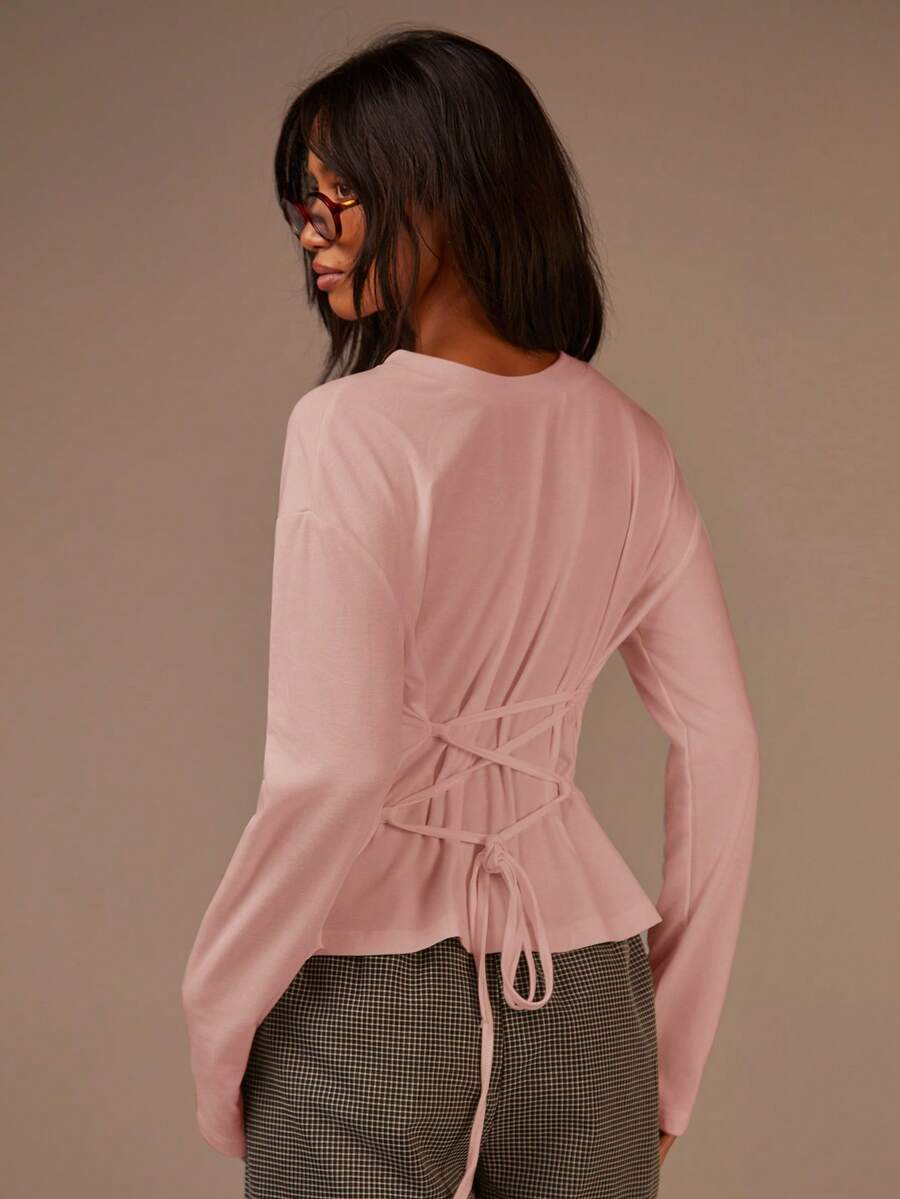 Athîral Women's Solid Color Minimalist Waist Cinching Long Sleeve T-Shirt - Baby Pink - View 1