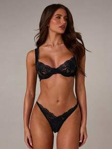SHEIN BAE 女士蕾丝性感钢圈文胸和内裤套装，适合外出穿着，打造坏蛋造型 - 黑色 - 查看 9