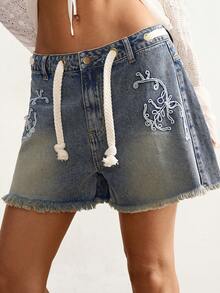 Bohemela Women's Floral Embroidered Denim Shorts,Loose Fit Blue Summer Boho Vacation Festival Outfits,Country Concert Holiday Jorts,Mothers Day Outfit - Light Wash - View 4