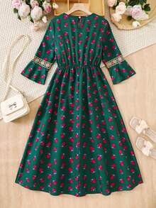 Casuvi Kids Teen Girl Retro Print Flared Embroidered Trim Elegant Long Sleeve Round Neck Dress For Teens - Multicolor - View 2