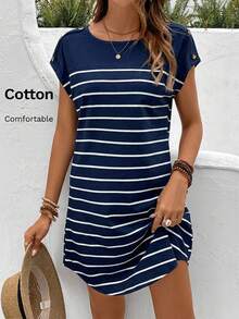 SHEIN Frenchy Đầm ngắn tay cánh dơi in họa tiết kẻ sọc - Màu xanh hải quân - Xem 7