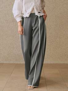 Anewsta 春秋季高腰灰白撞色弹力腰显瘦直筒裤（女款） - 灰色 - 查看 3