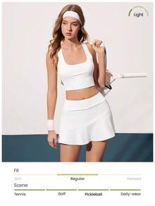 Gameset SHEIN Sport Women's Minimalist Solid Color Square Neck Camisole And Skirt Tennis Outfit, Summer 2 Piece Tennis Set - White - View 6
