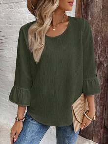 EMERY ROSE Damblus med rund hals och volang, lös textur, enfärgad - Grön - Visa 2