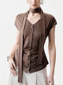 SHEIN Stylify 女士针织面料飘逸系带V领纽扣宽肩落肩袖褶裥腰身优雅休闲通勤复古外出度假卡其色T恤，春夏款 - 棕色 - 查看 4