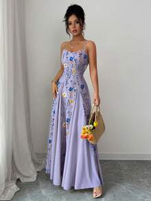 Elenzga Đầm dài hai dây in hoa dành cho nữ, kiểu dáng nghỉ hè. - Màu tím - Xem 4