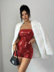 Rafferiza 女士时尚性感别致派对纯色亮片紧身连体衣 - 紅色 - 查看 5