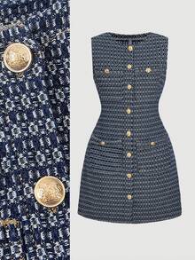 SHEIN MOD Women's Round Neck All-Over Print Elegant Waist Cinched Denim Party Dress - Dark Wash - View 1