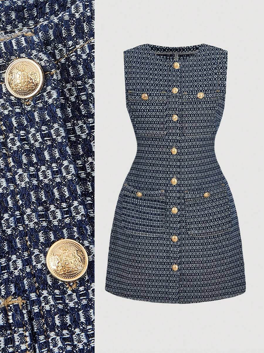 SHEIN MOD Women's Round Neck All-Over Print Elegant Waist Cinched Denim Party Dress - Dark Wash - View 1