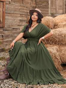 Ceyna Plus Size Women New Military Green Shoulder Sleeve A-Line Patchwork Waist Midi Dress Women's Summer Dresses Shirred Around Dresses For Ladies Woman Dress Women's Plus Size Dresses Women Holiday Dress Luxury Dresses For Women Vacation Outfits Women Dress Bohemian Outfit For Women Dress Boho Plus Size Women's Summer Outfits Chic Dresses For Women Plus Size Women's Dress Casual Dresses For Woman Drawstring Waist Dress Women's Summer Dresses Shirred Dress Women's Plus Size Dresses - Green - View 9