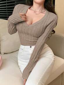 DAZY Women V-Neck Short Cable Knit Fitted Pullover Sweater,Fall Clothes - Khaki - View 7