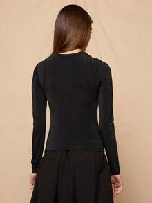 COUREZ Long Sleeve Double Layer Fitted Top /Y2K Spring Clothes For Women Casual Tops Going Out Tops Back To School Summer Outfits - Black - View 3