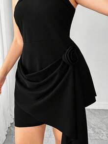Elenzga Plus Size Elegant 3D Floral Asymmetrical Hem Strapless Waist Cinched Dress, Black Summer Curve Cocktail Tube Bandeau Dress - Black - View 4