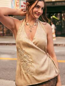 Freevana 波西米亚扎染卡其色吊带背心，银线刺绣抽绳深V领吊带衫，复古小众设计无袖上衣，适合音乐节穿着 - 卡其色 - 查看 1