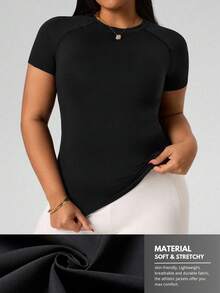 Rhythm Era Easithlete Women's Solid Color Raglan Short Sleeve Seamless Sports T-Shirt Plus Size Active Wear Tops Curve Activewear Tops Curve Women's Workout Shirts Curve Workout Tops Plus Size Workout Shirt Curve Women's Workout Shirts - Black - View 2