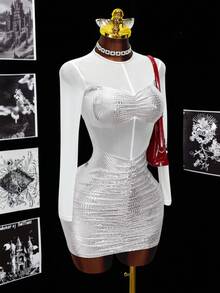 BamGleam Crew Neck Sheer Long Sleeve Patchwork Hollow Out Bodycon Ruched Mini Sexy Clubwear Dress - Silver - View 3