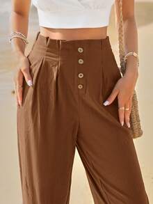 SHEIN Frenchy 100%纯棉高腰纽扣门襟褶皱裤 - 棕色 - 查看 2